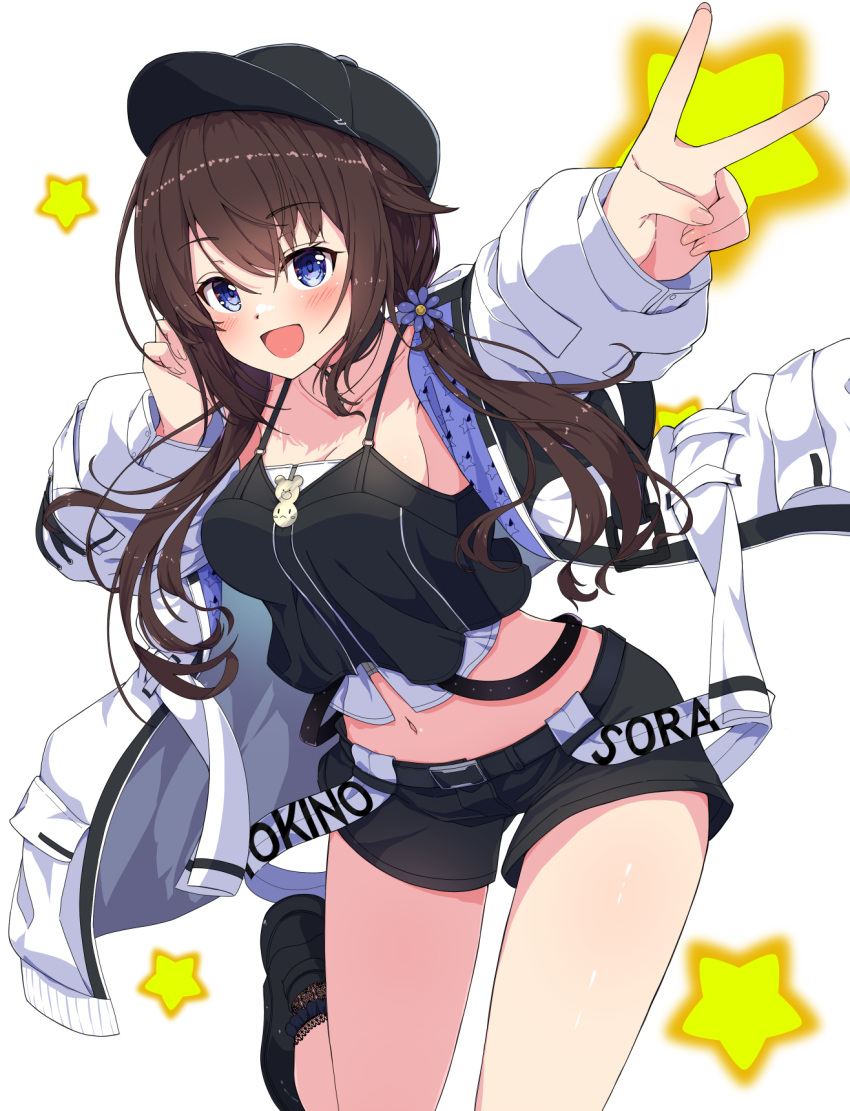 1girl :d baseball_cap black_camisole black_footwear black_headwear black_shorts blue_eyes breasts brown_hair camisole character_name flower hair_flower hair_ornament hat highres hololive jacket leg_up long_hair looking_at_viewer midriff namikawa_kuroha navel short_shorts shorts sideboob smile solo star_(symbol) tokino_sora virtual_youtuber white_jacket