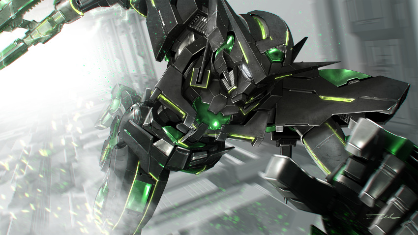 alternate_color armor black_armor blurry blurry_background depth_of_field eye_trail green_eyes gundam gundam_00 gundam_exia highres light_trail looking_ahead mecha mobile_suit no_humans robot running solo taka-f v-fin