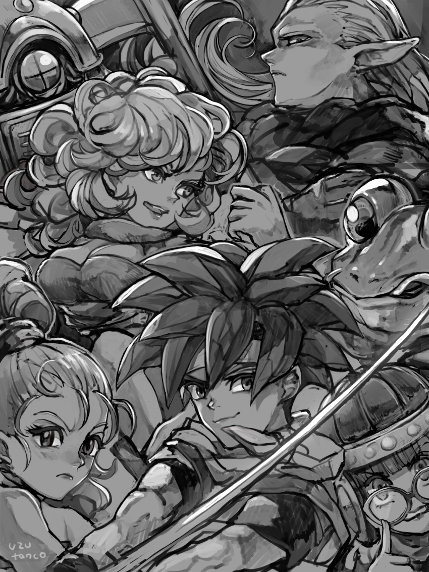 ayla_(chrono_trigger) breasts chrono_trigger closed_mouth crono_(chrono_trigger) frog_(chrono_trigger) glasses greyscale helmet highres jewelry long_hair looking_at_viewer lucca_ashtear magus_(chrono_trigger) marle_(chrono_trigger) monochrome open_mouth ponytail robo_(chrono_trigger) scarf short_hair smile sword uzutanco weapon