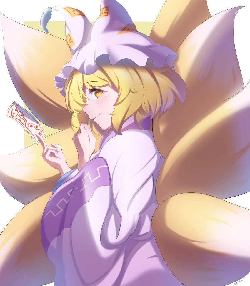 1girl absurdres animal_ears animal_hat blonde_hair dress fox_ears fox_tail from_side hat highres holding long_sleeves looking_at_viewer mob_cap multiple_tails short_hair simple_background tail touhou white_dress white_headwear wide_sleeves yakumo_ran yellow_eyes yujin_(kanouyuuto-0423)