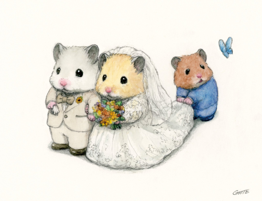 animal_focus ap_hamham artist_name blue_butterfly bouquet bow bowtie bridal_veil bride brown_fur bug butterfly closed_mouth commentary dress english_commentary flower grey_fur groom hamster highres holding holding_bouquet leaf looking_at_animal no_humans open_mouth orange_flower original pants signature solid_circle_eyes standing veil wedding wedding_dress white_dress yellow_flower yellow_fur