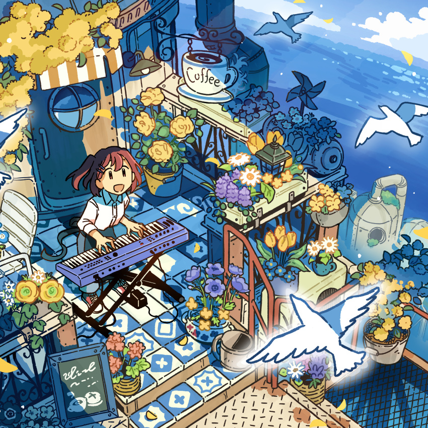 1girl :d absurdres air_conditioner album_cover apron bird blue_flower blue_sky brown_eyes brown_hair bucket building canalbooks1125 chair cloud collared_shirt cover day diamond_plate door dress_shirt falling_petals flower grey_apron grey_pants hair_ornament hairclip highres horizon instrument keyboard_(instrument) leaning_forward light_rays medium_hair menu_board music no_sclera ocean open_mouth original outdoors pants pedal_(instrument) petals pinwheel playing_instrument ponytail purple_flower railing red_footwear second-party_source shirt shirt_tucked_in shoes sign sky sleeves_rolled_up smile sneakers solo standing sunlight waist_apron water white_bird white_shirt wide_shot window yellow_flower