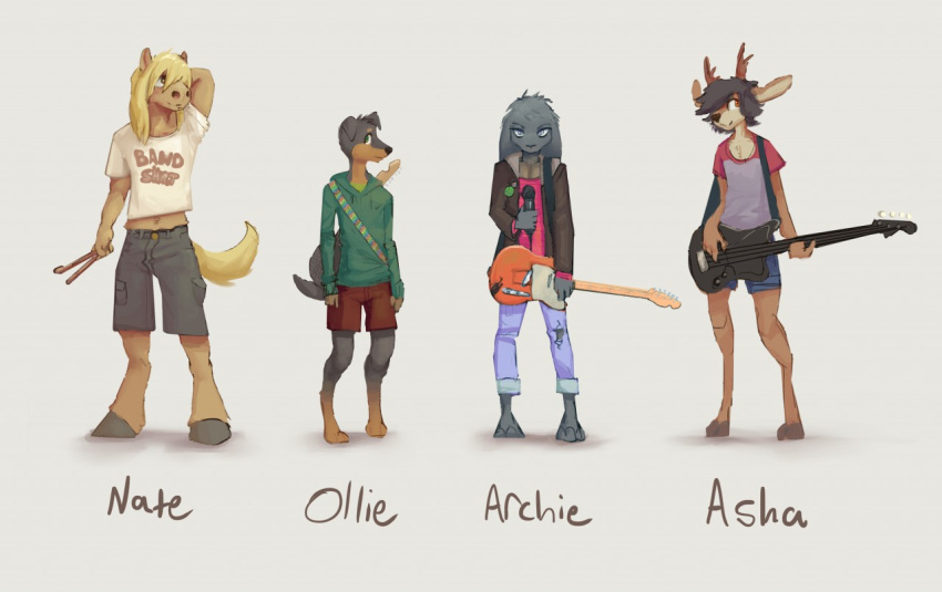 2019 anthro bass_guitar black_hair blonde_hair blue_bottomwear blue_clothing blue_shorts bottomwear brown_body brown_bottomwear brown_clothing brown_eyes brown_fur brown_shorts canid canine canis clothing deer dobermann domestic_dog drumming_stick english_text equid equine fur green_clothing green_eyes green_hoodie green_topwear grey_body grey_bottomwear grey_clothing grey_eyes grey_fur grey_shorts group guitar hair hand_behind_head hoodie horn horse lagomorph leporid male mammal microphone multicolored_clothing musical_instrument orange_eyes pants percussion_mallet pink_clothing pink_shirt pink_topwear pins pinscher plucked_string_instrument rabbit shirt shorts string_instrument tan_body tan_fur text topwear twang