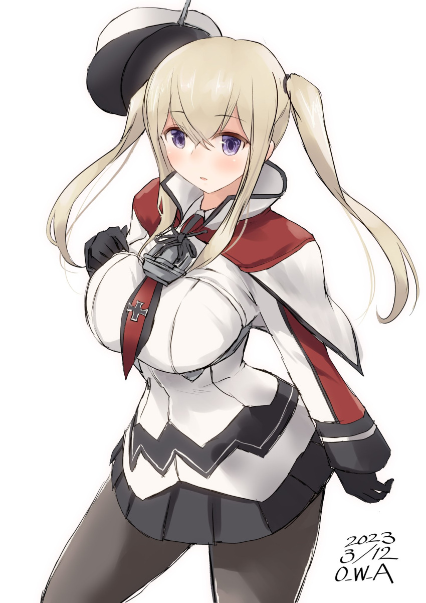 1girl artist_name blonde_hair breasts capelet celtic_knot cowboy_shot cross dated gloves graf_zeppelin_(kancolle) grey_eyes hair_between_eyes hat highres iron_cross jacket kantai_collection large_breasts long_hair looking_at_viewer military military_hat military_jacket military_uniform miniskirt necktie one-hour_drawing_challenge owa_(ishtail) pantyhose peaked_cap sidelocks simple_background skirt solo twintails uniform white_background