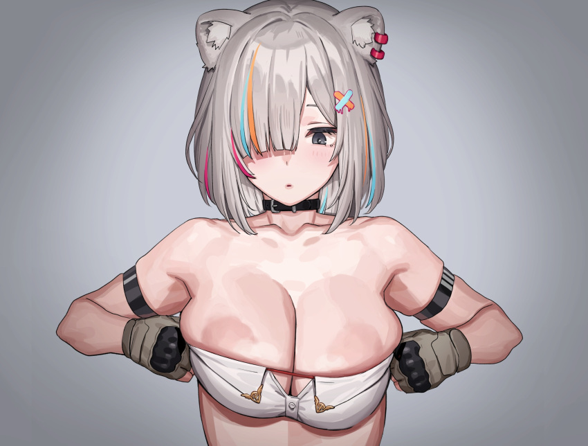 ... 1girl animal_ear_fluff animal_ear_piercing animal_ears areola_slip arm_strap asymmetrical_bangs black_choker black_eyes blue_hair blush breasts choker cleavage fingerless_gloves gloves gradient_background grey_background grey_gloves grey_hair hair_ornament hair_over_one_eye highres hololive large_areolae large_breasts light_blue_hair lion_ears looking_at_viewer multicolored_hair official_alternate_hair_length official_alternate_hairstyle orange_hair parted_lips pasties pink_hair shishiro_botan short_hair simple_background skindentation solo sound_effects strapless streaked_hair string tenchisouha tube_top upper_body virtual_youtuber white_tube_top x_hair_ornament