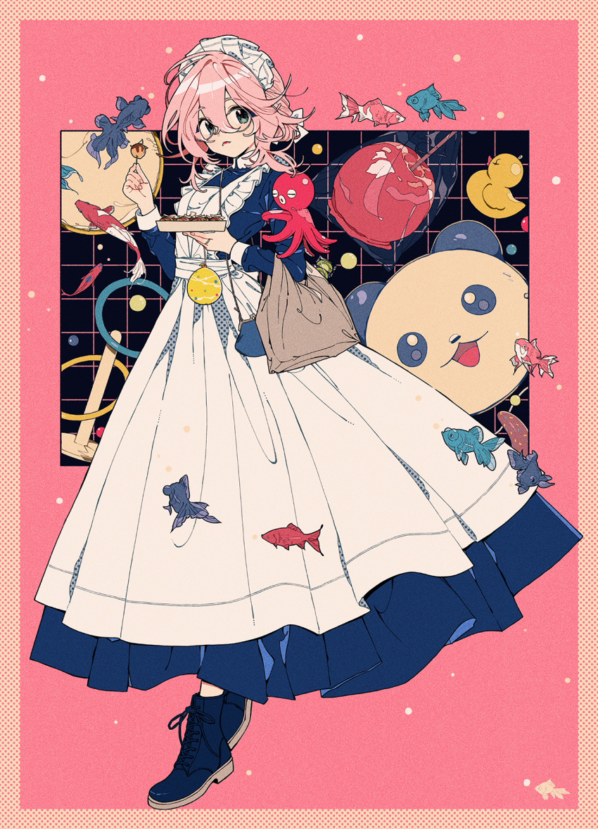 1girl blue_footwear boots fish food full_body glasses green_eyes grey-framed_eyewear highres holding holding_food keishin long_sleeves looking_at_viewer maid maid_headdress original parted_lips pink_hair round_eyewear short_hair solo takoyaki