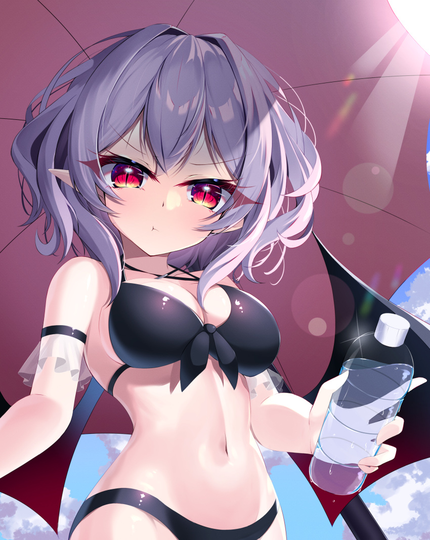 1girl :t absurdres bat_wings bikini black_bikini blue_sky bottle breasts cleavage closed_mouth cloud grey_hair hair_intakes highres holding holding_bottle large_breasts light_particles looking_at_viewer navel outdoors pointy_ears red_eyes remilia_scarlet s_vileblood short_hair sky solo swimsuit touhou umbrella upper_body wings