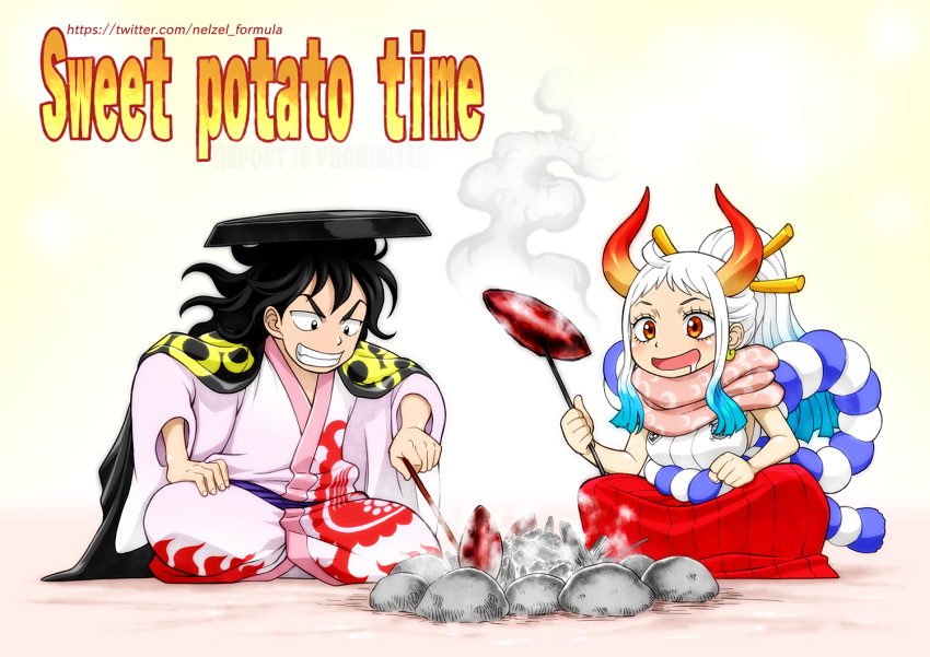 1boy 1girl black_hair crossed_legs earrings english_text food horns japanese_clothes jewelry long_hair momonosuke_(one_piece) multicolored_hair nel-zel_formula one_piece oni oni_horns scarf sitting smile sweet_potato web_address yamato_(one_piece)