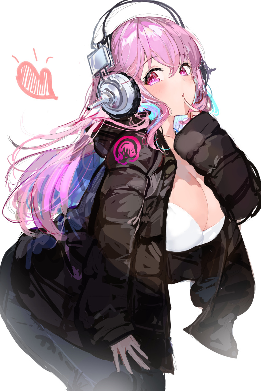 1girl absurdres aqua_eyes blush bound bound_thighs breasts cleavage colored_inner_hair headphones highres large_breasts long_hair looking_at_viewer mizuiro_sanshou multicolored_hair nitroplus open_mouth pink_eyes pink_hair solo super_sonico two-tone_hair