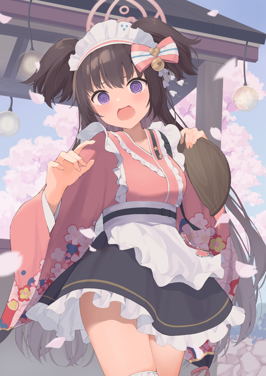 1girl @_@ absurdres apron bell blue_archive blue_skirt blush bow brown_hair chest_harness cowboy_shot embarrassed falling_petals floral_print frilled_apron frills hair_bell hair_bow hair_ornament halo harness highres holding holding_tray hotarihotaru japanese_clothes kimono kimono_skirt light_bulb long_hair looking_at_viewer maid maid_headdress petals pink_halo pink_kimono plate purple_eyes shizuko_(blue_archive) skirt solo thighhighs tray two_side_up very_long_hair wa_maid waist_apron white_thighhighs wide_sleeves