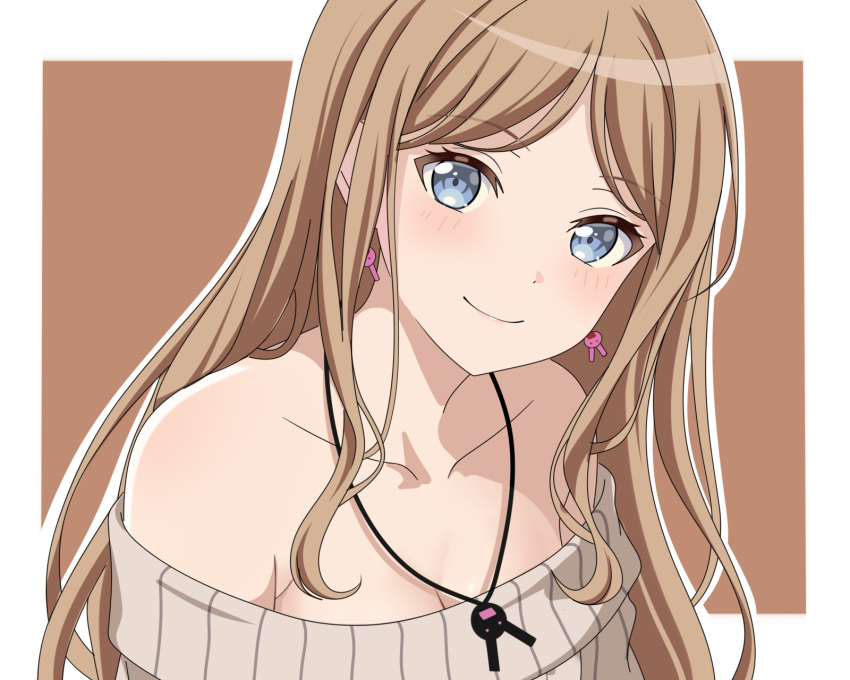 1girl bang_dream! bang_dream!_it's_mygo!!!!! bare_shoulders blue_eyes border breasts brown_background brown_hair cleavage closed_mouth collarbone fractureheart grey_sweater highres long_hair looking_at_viewer nagasaki_soyo off-shoulder_sweater off_shoulder outline outside_border parted_bangs smile solo straight_hair striped striped_sweater sweater upper_body white_border