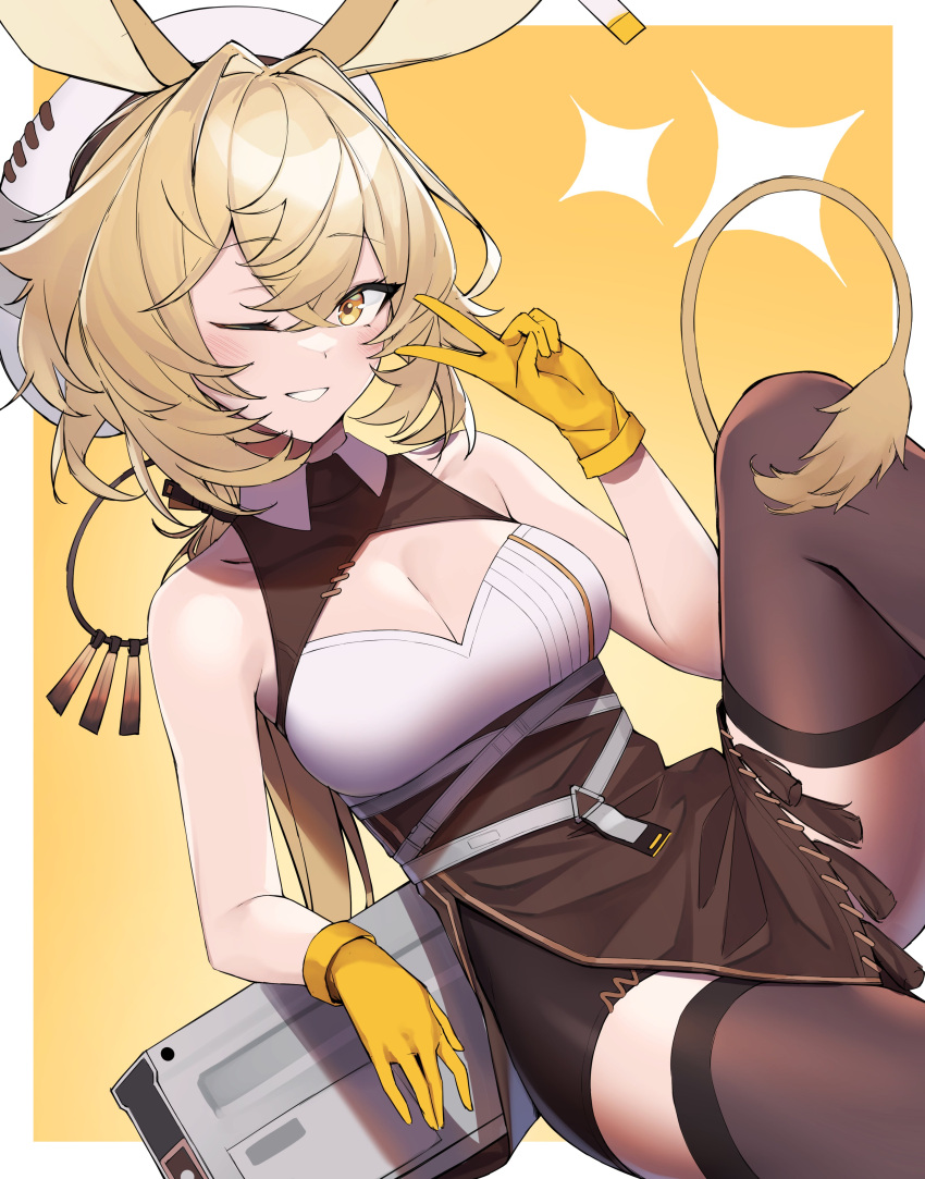 1girl absurdres animal_ears arknights blonde_hair breasts brown_thighhighs carolrin cleavage dorothy_(arknights) gloves hat highres mouse_ears mouse_tail one_eye_closed tail thighhighs yellow_gloves