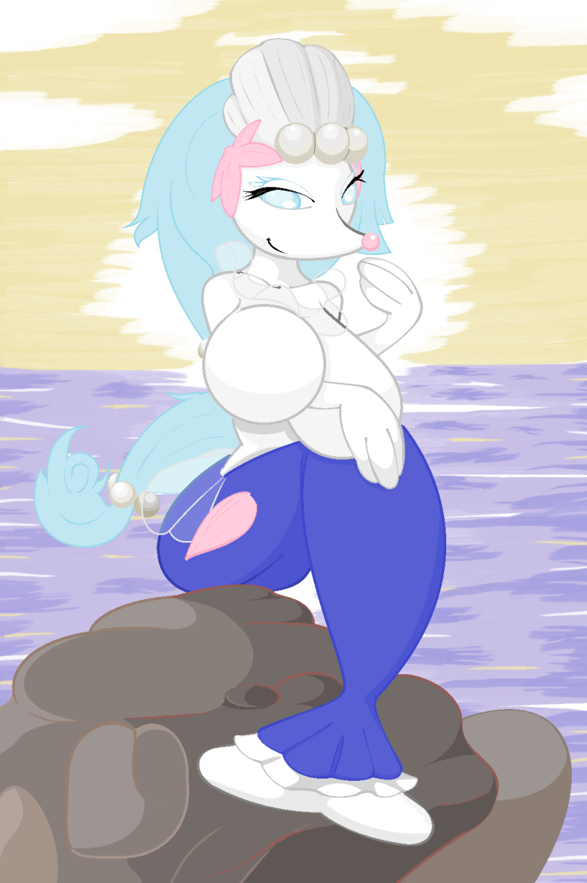 anthro blue_eyes blue_hair breasts clothing female generation_7_pokemon hair hi_res lil_scooter56 long_hair marine merfolk nintendo pokemon pokemon_(species) primarina sitting smile solo split_form white_body