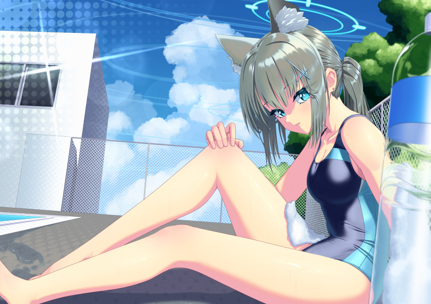 1girl absurdres animal_ear_fluff animal_ears black_one-piece_swimsuit blue_archive blue_eyes blue_sky breasts chain-link_fence cloud commentary_request competition_swimsuit covered_navel cross_hair_ornament day extra_ears fence grey_hair hair_ornament halo highres leaning_forward low_ponytail medium_breasts medium_hair mismatched_pupils multicolored_clothes multicolored_swimsuit one-piece_swimsuit outdoors poolside shiroko_(blue_archive) shiroko_(swimsuit)_(blue_archive) sitting sky solo sumi_waketarou swimsuit wolf_ears