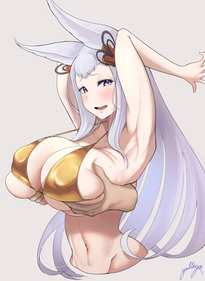 1girl animal_ears armpits arms_up bikini blush breasts cropped_legs disembodied_limb fox_ears fox_girl gold_bikini gollizo grabbing grabbing_another's_breast granblue_fantasy hair_ornament highres huge_breasts long_hair navel nervous_smile purple_eyes signature simple_background smile societte_(granblue_fantasy) solo sweat swimsuit upper_body very_long_hair white_background white_hair