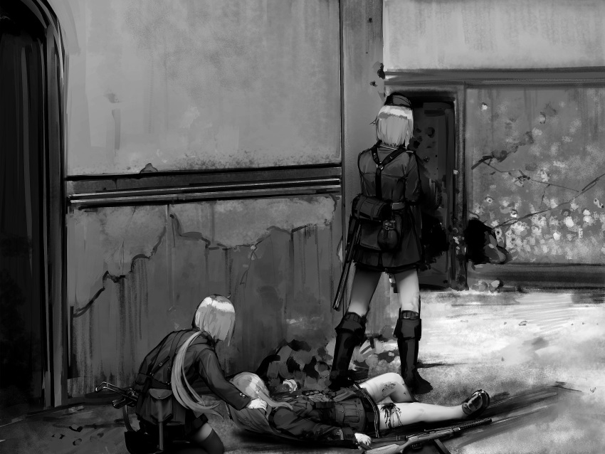 3girls ahoge beretta_model_38 beretta_model_38_(girls'_frontline) blood blood_on_leg boots breasts bullet_hole crack damaged danuvia_43m english_commentary from_behind full_body girls'_frontline greyscale gun gun_sling hair_ornament hairclip hat highres injury jacket kneehighs kneeling long_hair lying m3_(girls'_frontline) m3_submachine_gun medium_hair military_hat military_uniform monochrome mp40_(girls'_frontline) multiple_girls pleated_skirt ponytail pouch rampart1028 shoes shovel skirt small_breasts socks standing submachine_gun thighhighs uniform weapon