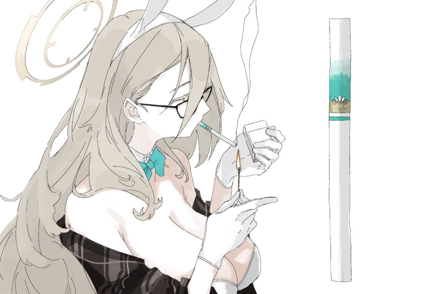 1girl akane_(blue_archive) akane_(bunny)_(blue_archive) animal_ears bare_shoulders blue_archive bow bowtie breasts brown_hair cigarette cigarette_pack cleavage detached_collar fake_animal_ears glasses gloves halo highres holding holding_cigarette kawatiw large_breasts leotard long_hair matchbox matches playboy_bunny rabbit_ears shawl simple_background smoke smoking solo upper_body very_long_hair white_background white_gloves white_leotard