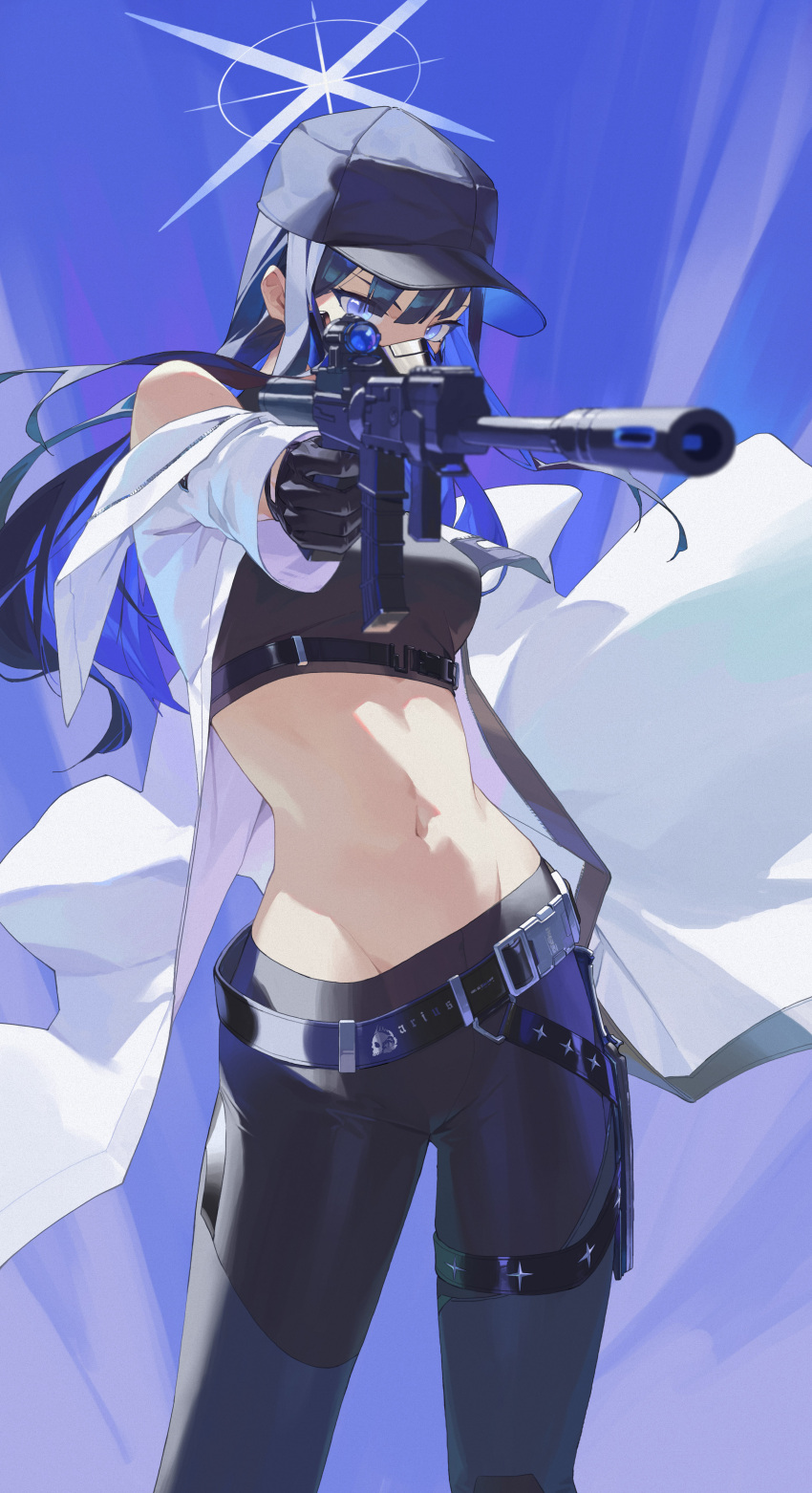 1girl absurdres bare_shoulders baseball_cap black_mask black_pants blue_archive blue_hair chest_harness coat colored_inner_hair commentary_request crop_top halo harness hat highres li-mi long_hair mask mouth_mask multicolored_hair navel pants saori_(blue_archive) sig_516 sig_sauer snap-fit_buckle solo white_coat