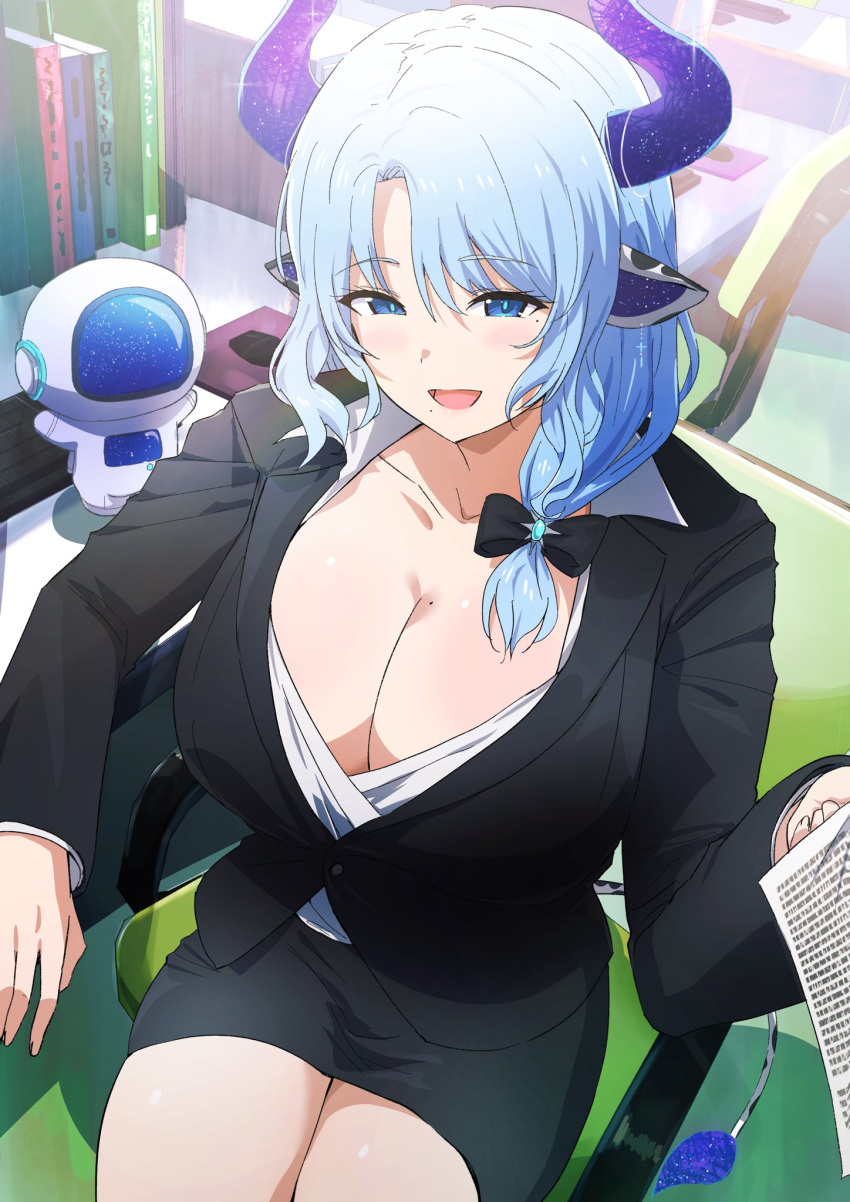 1girl animal_ears black_bow black_jacket black_skirt blue_eyes blue_hair book bow breasts cleavage commission cow_ears cow_girl cow_horns cow_tail desk hair_bow highres horns indie_virtual_youtuber jacket keyboard_(computer) large_breasts long_hair miilkywayz misaki_nonaka mole mole_on_breast mole_under_eye mouse_(computer) mousepad_(object) office_lady open_mouth paper pencil_skirt shirt sitting skeb_commission skirt solo tail white_shirt