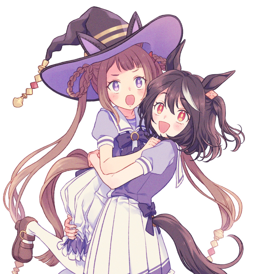 2girls animal_ears black_hair blush bow bowtie brown_footwear brown_hair hair_rings hat highres horse_ears horse_girl horse_tail kitasan_black_(umamusume) komasawa_(fmn-ppp) lifting_person long_hair multicolored_hair multiple_girls open_mouth purple_eyes purple_shirt red_eyes sailor_collar shirt shoes short_sleeves simple_background skirt smile standing streaked_hair sweep_tosho_(umamusume) tail tail_through_clothes thighhighs twintails two_side_up umamusume white_background white_skirt white_thighhighs witch_hat