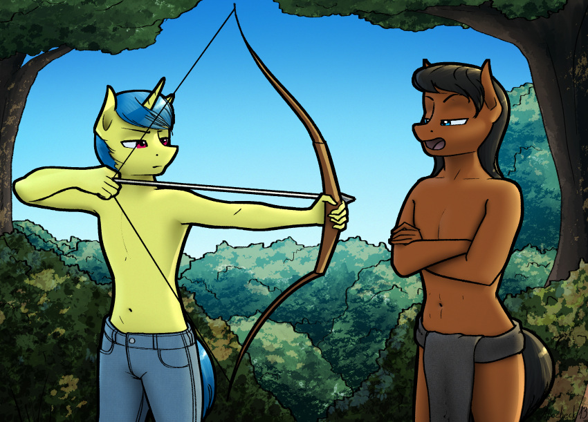 anthro apocheck13 archery arrow_(weapon) bottomwear bow_(feature) clothing duo equid equine flash_gordon hi_res horn horse lesson loincloth male mammal moonshadow_(oc) native_american native_american_clothing outside ranged_weapon shirtless unicorn weapon
