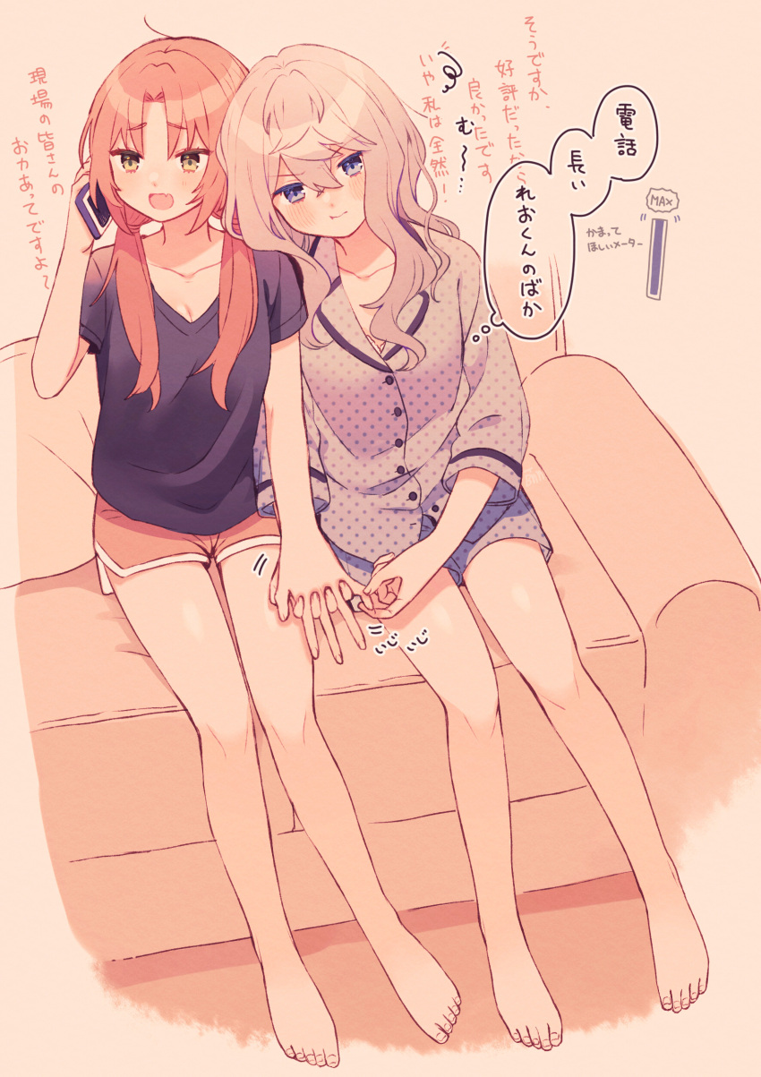 2girls absurdres black_shirt blue_eyes blue_pajamas blue_shirt blue_shorts closed_mouth couch edward-el ensemble_stars! full_body genderswap genderswap_(mtf) green_eyes grey_hair highres holding_hands low_twintails multiple_girls on_couch open_mouth orange_hair orange_shorts pajamas sena_izumi_(ensemble_stars!) shirt short_sleeves shorts thought_bubble translation_request tsukinaga_leo twintails yuri