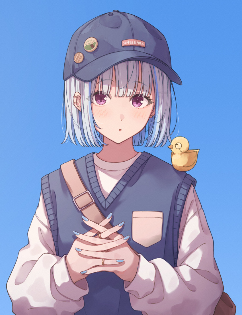 1girl :o absurdres bag bird blue_background blue_hair blue_headwear blue_nails blue_vest blunt_bangs blunt_ends bob_cut cardigan_vest duck ear_piercing ene_mizunoawa highres interlocked_fingers jewelry lize_helesta looking_at_viewer multicolored_hair nail_polish nijisanji parted_lips piercing purple_eyes ring sebastian_piyodore short_hair shoulder_bag solo streaked_hair sweater vest virtual_youtuber white_hair white_sweater