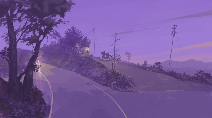 absurdres bare_tree building bush car cloud cloudy_sky grass headlight hedge highres house motor_vehicle mountainous_horizon night no_humans original painting_(medium) path power_lines purple_sky railing road sky slow_d traditional_media tree utility_pole