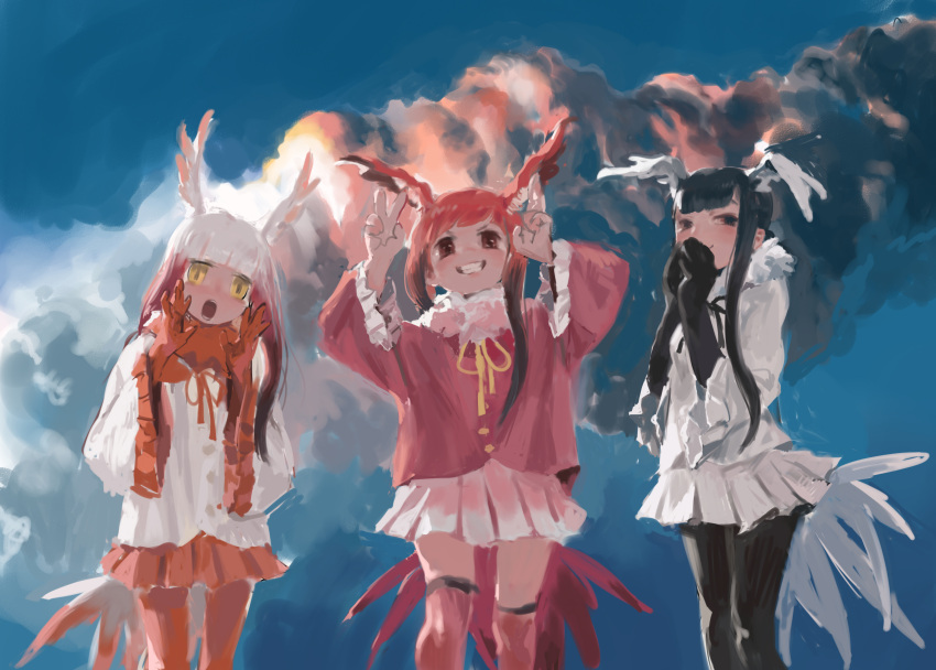 3girls arms_up backlighting bird_girl bird_tail bird_wings black-headed_ibis_(kemono_friends) black_hair black_pantyhose blouse blunt_bangs closed_mouth cloud covering_mouth day empty_eyes feet_out_of_frame frilled_sleeves frills fur_collar grin hand_to_own_mouth hands_up head_wings highres japanese_crested_ibis_(kemono_friends) kemono_friends legs_apart long_hair long_sleeves looking_at_viewer miniskirt multicolored_hair multiple_girls neck_ribbon open_mouth outdoors over-kneehighs pantyhose pero_(sabuaka_bacon) pleated_skirt red_eyes red_hair red_pantyhose ribbon scarlet_ibis_(kemono_friends) shirt skirt sky smile standing standing_on_one_leg tail thighhighs two-tone_hair white_hair wide_sleeves wings yellow_eyes