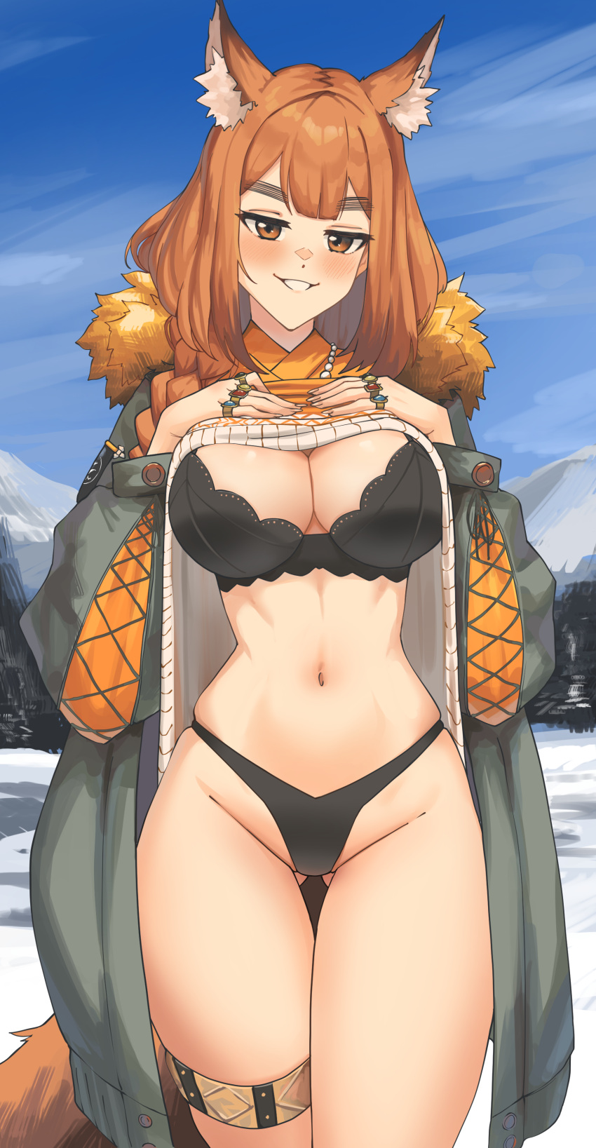 1girl absurdres animal_ears arknights black_bra black_panties blue_sky blush bra breasts brown_eyes brown_hair cloud coat commentary_request cowboy_shot day grey_coat grin groin hands_on_own_chest highres large_breasts long_hair long_sleeves looking_at_viewer open_clothes open_coat panties radioneet ratatos_browntail_(arknights) sky smile solo standing thighs underwear