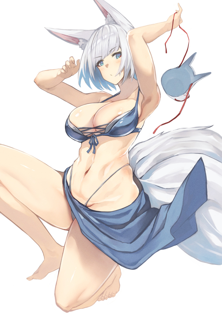 1girl alexi_oekaki animal_ears arm_behind_head arms_up azur_lane bare_legs bikini bikini_skirt blue_bikini blue_eyes blue_skirt blush breasts cross-laced_bikini cross-laced_clothes fox_ears fox_girl fox_mask fox_tail from_side front-tie_bikini_top front-tie_top full_body groin happy highleg highleg_bikini highres holding holding_mask kaga_(azur_lane) kaga_(everlasting_killing_stone)_(azur_lane) kitsune knee_up large_breasts legs looking_at_viewer mask medium_breasts medium_hair midriff multiple_tails navel on_one_knee skirt smile solo squatting swimsuit tail thighs tiptoes white_hair