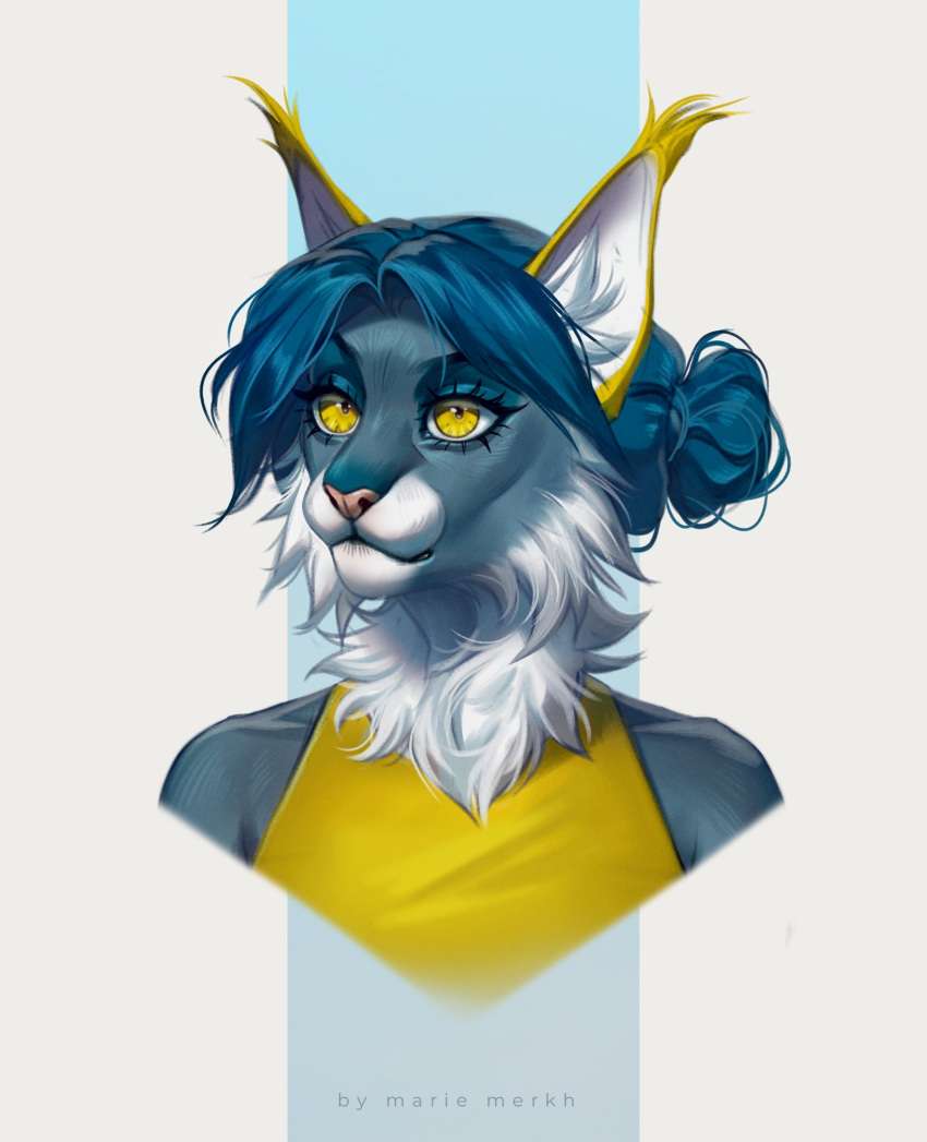 anthro blue_body blue_fur blue_hair bust_portrait cheek_tuft clothed clothing ear_tuft facial_tuft felid female fur glistening glistening_eyes hair hi_res mammal marie_merkh mouth_closed neck_tuft pink_nose portrait simple_background solo topwear tuft white_body white_fur yellow_clothing yellow_eyes yellow_topwear