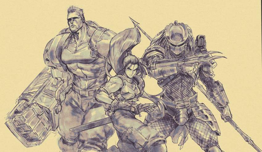 1girl 2boys alien_vs._predator armor breastplate capcom collarbone combistick commentary cyborg david_liu dutch_schaefer elbow_pads faulds fingerless_gloves gloves helmet high_ponytail highres holding holding_weapon holster katana linn_kurosawa long_hair mechanical_arms monochrome multiple_boys muscular muscular_female muscular_male pants plasma_caster ponytail predator predator_(movie) sheath sheathed short_hair shoulder_armor simple_background single_mechanical_arm sleeveless sword thigh_holster weapon wrist_blades