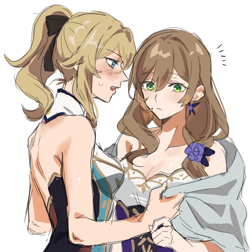 2girls absurdres bare_shoulders black_bodysuit black_bow blanket blonde_hair blue_eyes blush bodysuit bow breasts brown_hair closed_mouth collarbone dress earrings flower genshin_impact green_eyes hair_between_eyes hair_bow hair_flower hair_ornament hands_up highres holding jean_(genshin_impact) jewelry large_breasts lisa_(genshin_impact) long_hair looking_at_another looking_down medium_breasts multiple_girls open_mouth ponytail purple_dress purple_flower purple_rose rose simple_background sleeveless sleeveless_dress standing strapless strapless_dress sweatdrop teeth tongue two-tone_bodysuit v-shaped_eyebrows white_background white_bodysuit yamabuki0211 yuri