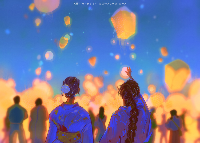 2girls absurdres blue_kimono blurry blurry_background braid braided_ponytail brown_hair flower from_behind gwagwagwa hair_bun hair_flower hair_ornament highres japanese_clothes kimono lantern long_hair long_sleeves looking_ahead multiple_girls night night_sky obi original outstretched_arm paper_lantern people pixiv_username reaching sash scenery short_hair single_hair_bun sky sky_lantern watermark white_flower yukata