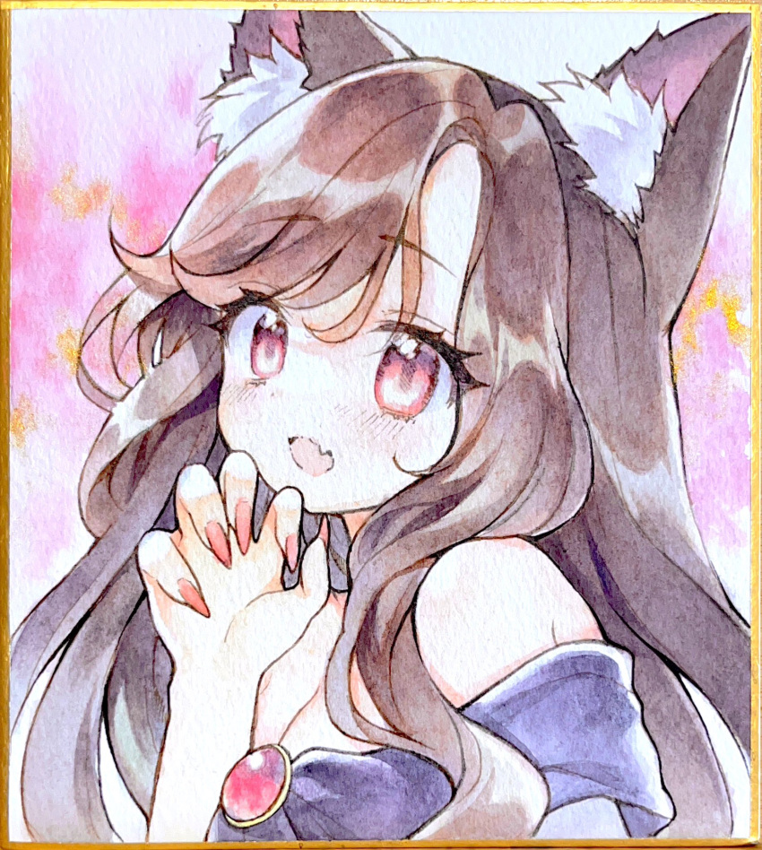 1girl animal_ear_fluff animal_ears blush breasts brown_hair cleavage fang fingernails highres imaizumi_kagerou long_fingernails long_hair looking_at_viewer mugicha_(mugicha0929) red_eyes skin_fang solo tail touhou traditional_media upper_body wolf_ears wolf_girl wolf_tail