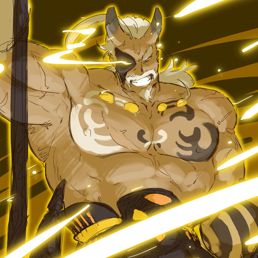 1boy arm_up armpits aura bara bodypaint broken_horn character_request dark-skinned_male dark_skin demon_boy dragalia_lost electricity electrokinesis eye_trail fighting_stance frown gradient_horns grin highres horns large_pectorals light_trail long_mustache looking_at_viewer low_ponytail male_focus mask_over_one_eye mature_male multicolored_horns muscular muscular_male old old_man oni pectorals piikeisandaa scar scar_on_arm skin-covered_horns smile solo thick_arms thick_mustache v-shaped_eyebrows yellow_aura