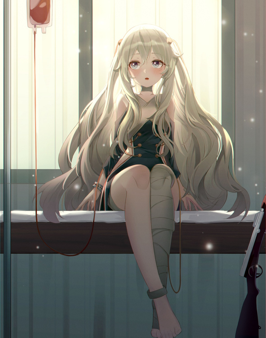 1girl assault_rifle bandaged_leg bandages barefoot blood blood_bag blue_dress commentary_request dress full_body girls'_frontline gun hair_between_eyes highres indoors intravenous_drip kimi_(jxrm5387) long_hair looking_at_viewer on_bed open_mouth ribeyrolles_(girls'_frontline) ribeyrolles_1918 rifle sidelocks sitting solo twintails very_long_hair weapon white_hair window