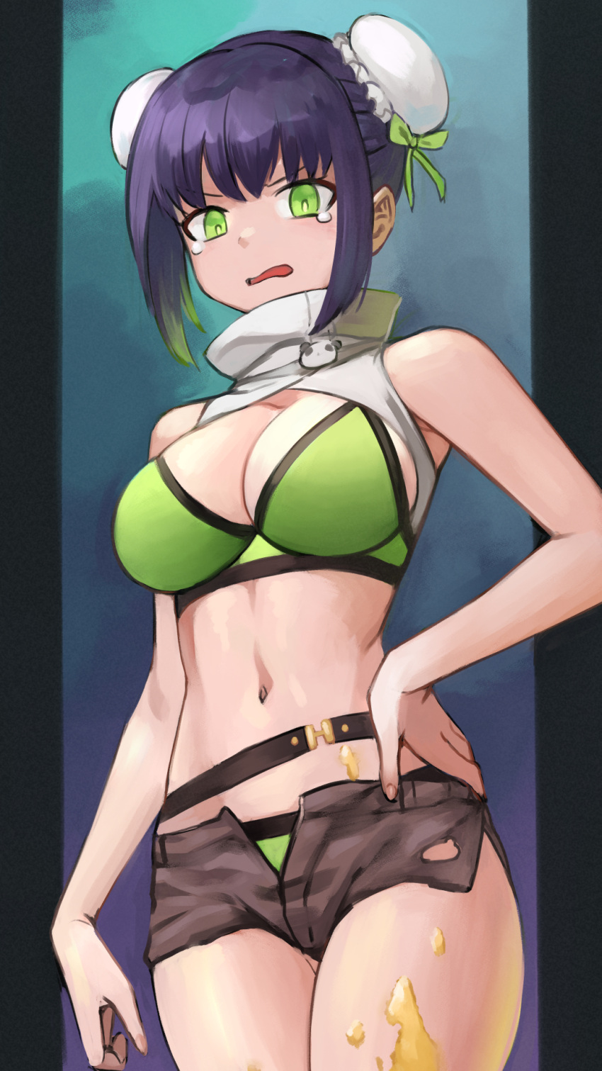 1girl bare_shoulders belt bikini black_hair black_shorts breasts bright_pupils bun_cover cleavage commentary double_bun fate/grand_order fate_(series) green_bikini green_eyes green_ribbon hair_bun hair_ribbon highres large_breasts looking_at_viewer navel open_mouth qin_liangyu_(chainsaw_of_the_dead)_(fate) qin_liangyu_(fate) ribbon shinsaku_(stan-art) short_shorts shorts sidelocks skindentation solo swimsuit tearing_up thighs white_pupils