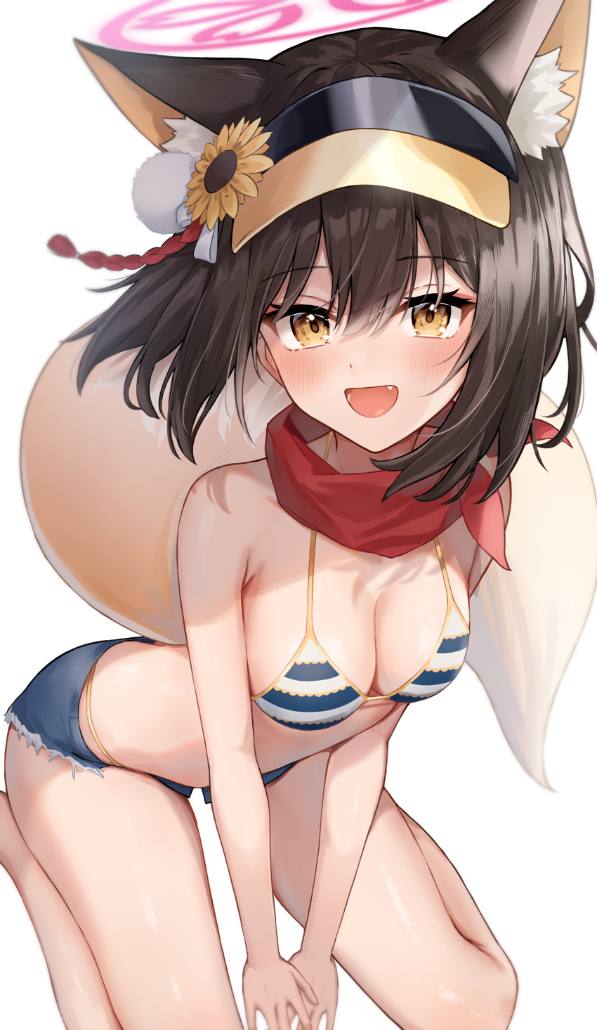 1girl :d absurdres animal_ear_fluff animal_ears bikini blue_shorts breasts brown_hair commentary_request denim denim_shorts fang flower fox_ears fox_girl fox_tail hair_flower hair_ornament halo highres honome_sui izuna_(blue_archive) izuna_(swimsuit)_(blue_archive) looking_at_viewer medium_breasts official_alternate_costume open_mouth pink_halo short_hair shorts simple_background smile solo striped striped_bikini sunflower sunflower_hair_ornament swimsuit tail visor_cap white_background yellow_eyes