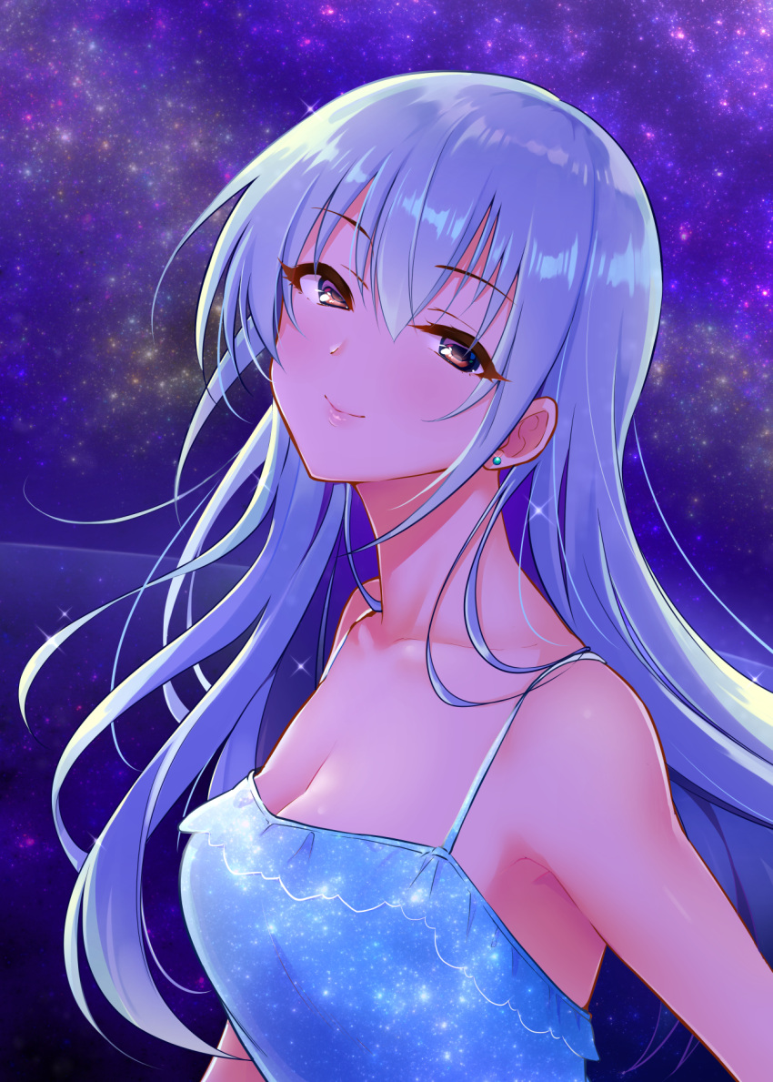 1girl bare_shoulders blue_dress breasts brown_eyes cleavage closed_mouth collarbone dot_nose dress earrings from_side grey_hair highres idolmaster idolmaster_cinderella_girls idolmaster_cinderella_girls_starlight_stage jewelry large_breasts long_hair looking_at_viewer purple_background smile solo sparkle starry_background takamine_noa upper_body yuki_sizuku