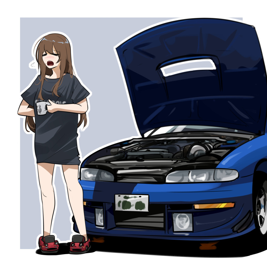 1girl absurdres asamiya_mariko black_shirt breath brown_hair car closed_eyes cup engine grey_background highres holding holding_cup holeecrab motor_vehicle mug nissan nissan_s14_silvia nissan_silvia no_pants open_mouth original red_footwear shadow shirt slippers standing