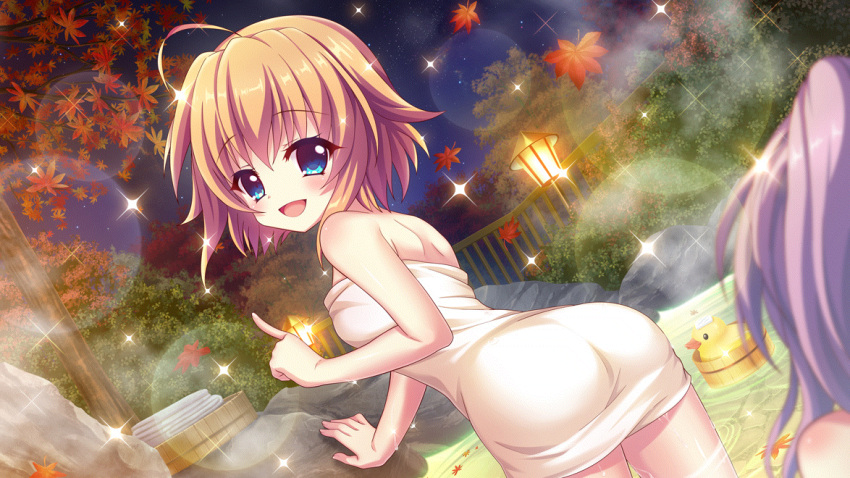 2girls ahoge ass autumn_leaves blue_eyes breasts bucket dot_nose dutch_angle film_grain from_behind game_cg izumi_tsubasu lens_flare multiple_girls naked_towel night night_sky non-web_source official_art onsen open_mouth orange_hair outdoors pointing purple_hair re:stage! rock rubber_duck shikimiya_mana short_hair shoulder_blades sidelocks sky small_breasts smile solo_focus sparkle star_(sky) steam towel tree tsukisaka_sayu white_towel wooden_bucket