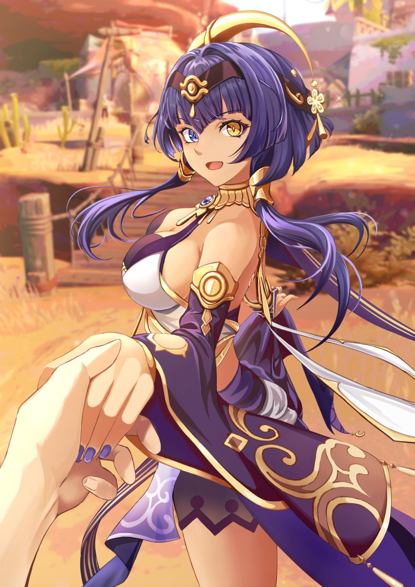 1girl absurdres ankh blurry blurry_background breasts bridge candace_(genshin_impact) cleavage clothes_lift dark-skinned_female dark_skin desert egyptian_clothes eye_of_horus foreshortening genshin_impact gold_choker gold_trim harukey heterochromia highres holding_hands jewelry large_breasts looking_at_viewer nail_polish neck_ring open_mouth pov pov_hands purple_hair purple_nails scenery short_hair_with_long_locks solo_focus village wide_sleeves yellow_eyes