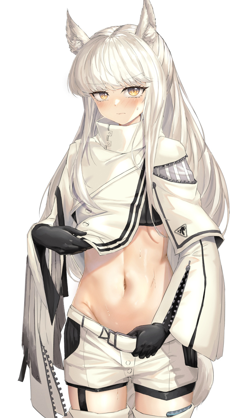 1girl absurdres arknights black_bra black_gloves blush bra cowboy_shot gloves groin highres jacket jacket_lift kingdom_of_kazimierz_logo lifted_by_self long_hair long_sleeves looking_at_viewer navel platinum_(arknights) putcho shorts shorts_tug simple_background solo stomach sweat sweatdrop thighhighs underwear white_background white_hair white_jacket white_shorts white_thighhighs wide_sleeves yellow_eyes