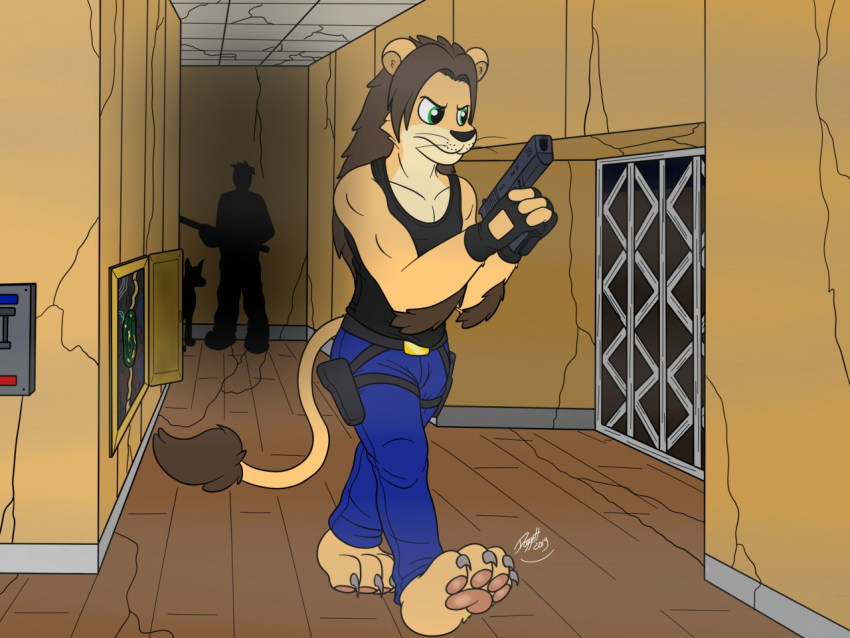 anthro background_character barefoot black_clothing black_hair black_shirt black_tank_top black_topwear blue_bottomwear blue_clothing blue_pants bottomwear canid canine canis clothing cracks dark dobermann doggettdouglasmcdog domestic_dog electricity feet felid feral fuse gate glock glock_17 green_eyes gun hair hallway handgun humanoid kodiak079 kodiak_(kodiak079) lion long_hair male mammal night opera_house pantherine pants pinscher pistol ranged_weapon shadow shirt tank_top theater tomb_raider topwear walking weapon