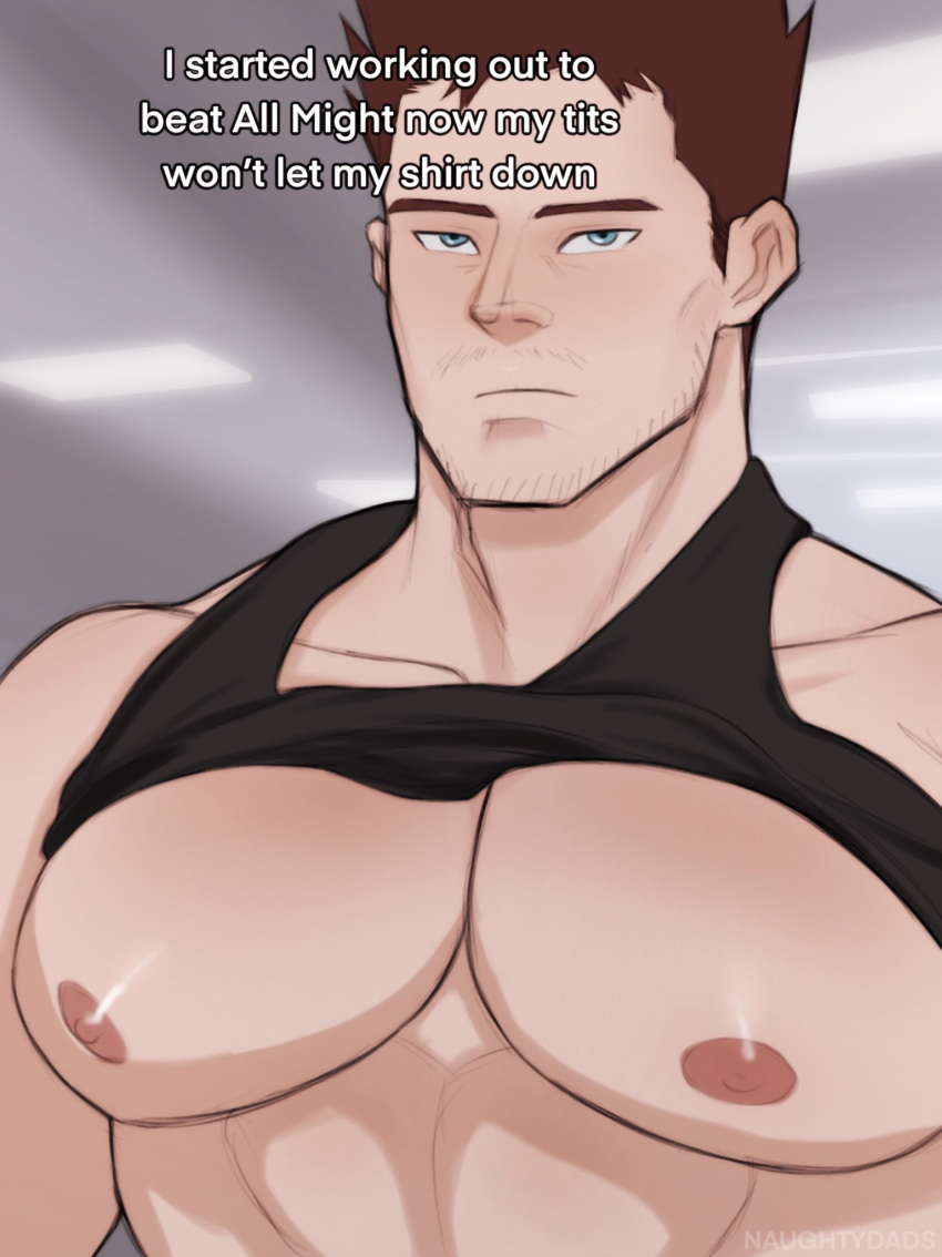 1boy abs bara bare_pectorals black_tank_top blank_stare boku_no_hero_academia clothes_lift endeavor_(boku_no_hero_academia) facial_hair highres i_started_working_out_to_be_healthier_now_my_tits_won't_let_my_shirt_down_(meme) large_pectorals looking_at_viewer male_focus mature_male meme muscular muscular_male mustache nipples no_scar notidads_(naughtydads) pectoral_focus pectorals red_hair shirt_lift short_hair sideburns solo spiked_hair stubble tank_top thick_eyebrows upper_body