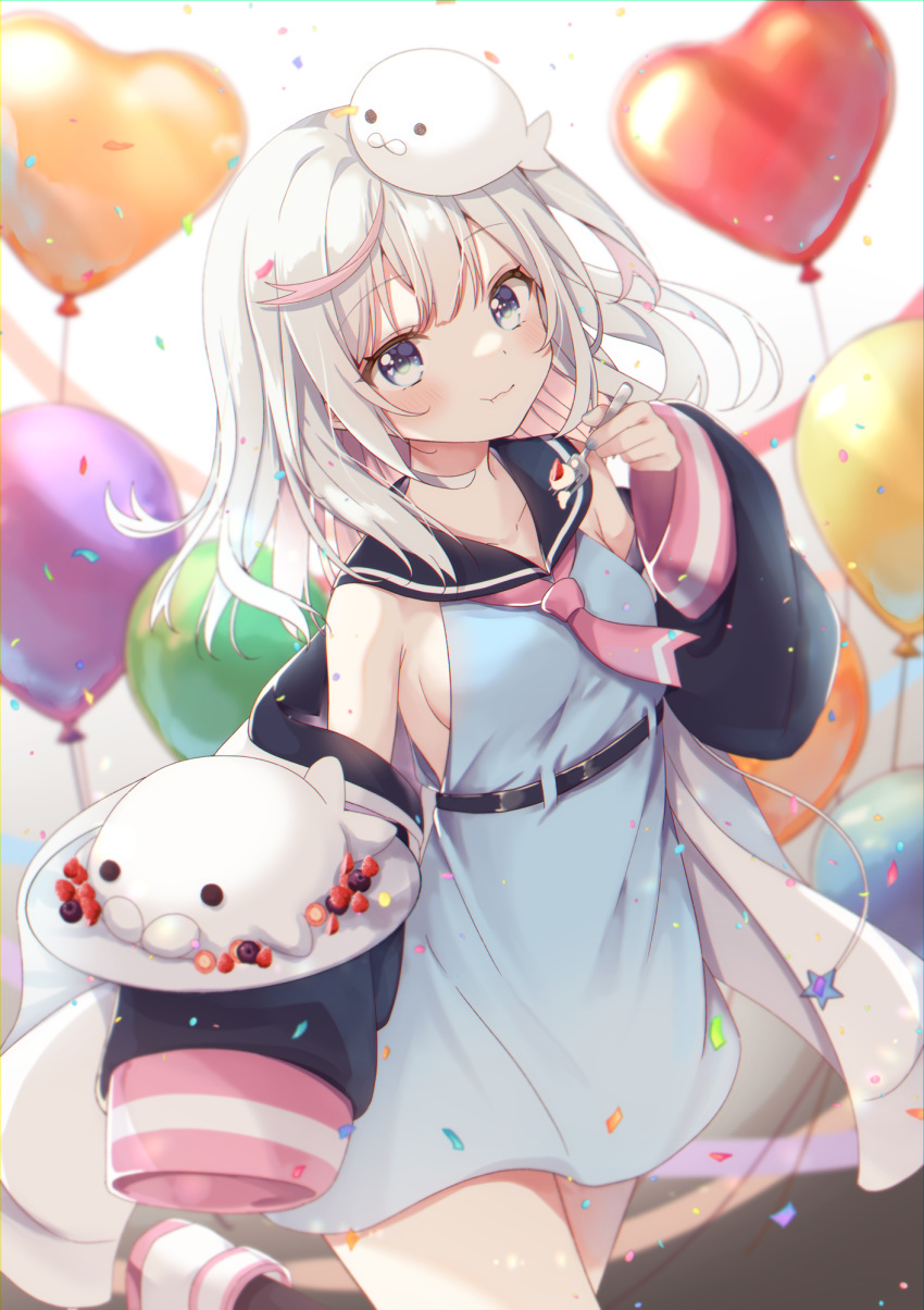 1girl :t balloon black_sailor_collar blue_dress blue_eyes blue_nails breasts dress eating fork gomano_rio heart_balloon highres holding holding_fork holding_plate looking_at_viewer necktie original pink_necktie plate sailor_collar sleeves_past_fingers sleeves_past_wrists solo white_hair