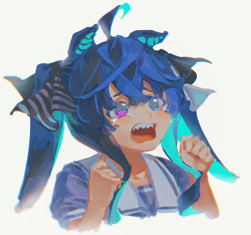 1girl @_@ ahoge animal_ears aqua_hair blue_eyes blue_hair blue_shirt blush bow clenched_hands cropped_torso crossed_bangs crying crying_with_eyes_open ears_down hair_bow hands_up heterochromia highres horse_ears horse_girl long_hair looking_ahead lulu_(lululike123) multicolored_hair no_lineart open_mouth purple_eyes raised_eyebrows sailor_collar school_uniform sharp_teeth shirt short_sleeves sidelocks simple_background solo striped striped_bow tears teeth tracen_school_uniform twin_turbo_(umamusume) twintails two-tone_hair umamusume upper_body upper_teeth_only white_background white_sailor_collar