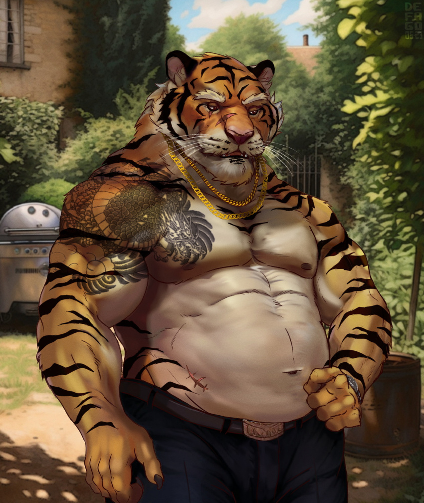 2023 abdominal_scar abs anthro arm_tattoo barechested belly belt biceps body_stripes bottomwear building chest_tattoo clock clothed clothing deltoids facial_scar felid gate gold_(metal) gold_jewelry gold_necklace grill hi_res house jewelry kotori male mammal manly mature_male musclegut muscular necklace obliques outside pantherine pants pecs plant scar shirtless shirtless_male shoulder_tattoo solo standing tattoo tiger topless topless_male triceps watch whiskers wristwatch